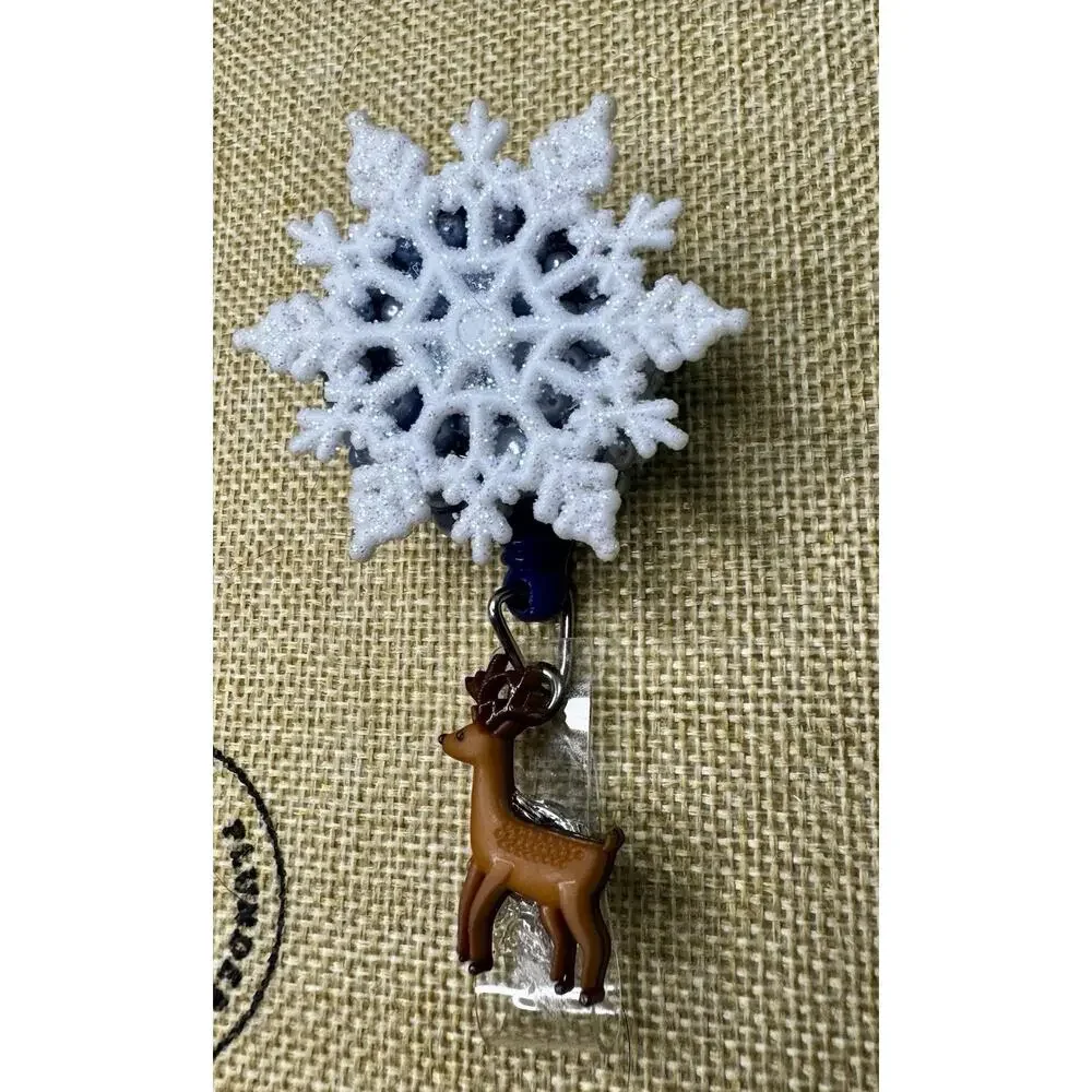 Snowflake On Blue Pearls with Deer Retractable Badge Holder Handmade